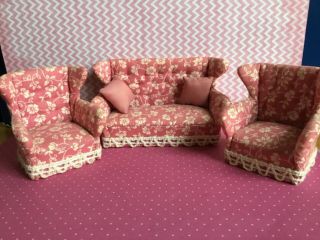 Handmade Sofa & Two Chairs Dolls House Furniture By Audrey Haworth