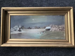 Antique Landscape Oil Painting On Board Late 1800s - Early 1900s Gold Frame