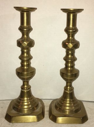 Huge Antique Bee Hive English 14 " Brass Candle Sticks 1800s Push Up Pair