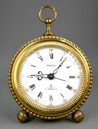 Fine Vintage Art Deco Swiza 8 Day Swiss Enamel Dial Brass Table Alarm Clock