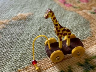 Artisan Miniature Dollhouse Vintage Carved Wood Giraffe Pull Toy Signed McDowell 2