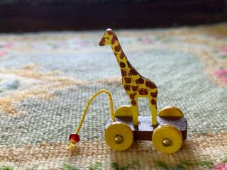 Artisan Miniature Dollhouse Vintage Carved Wood Giraffe Pull Toy Signed McDowell 3