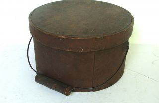 19th C Bail Handled Pantry Box Early Red / Brown Paint,  9 1/2 " Diam.