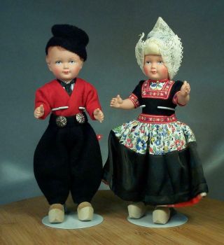 Vintage Quality Celluloid Dovina Dolls Holland Dutch Couple From Doll Museum