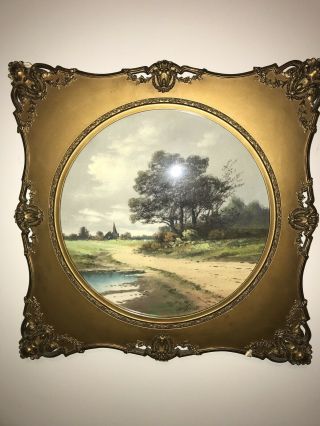 Antique Landscape Watercolor Painting Signed Koethen & Antique Frame