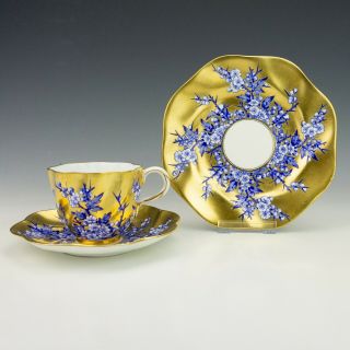 Antique Coalport China - Blue Flower Decorated Gilded Cup Saucer & Tea Plate