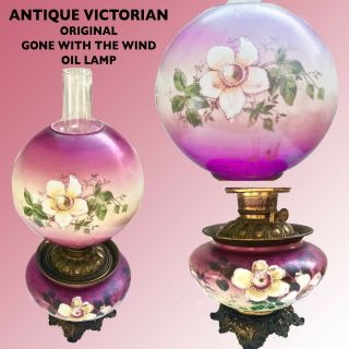 Antique Victorian Gone With The Wind Oil Lamp With Hand Painted Shades