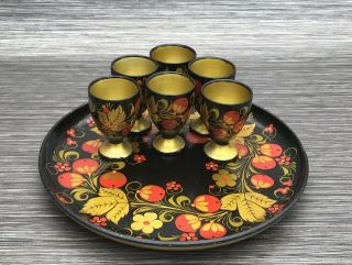 Lacquered Hand Painted Vintage Egg Cups X 6 & Tray - Papier Mache