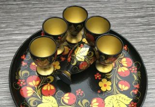 Lacquered Hand Painted Vintage Egg Cups x 6 & Tray - Papier Mache 2