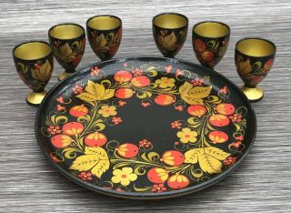 Lacquered Hand Painted Vintage Egg Cups x 6 & Tray - Papier Mache 4