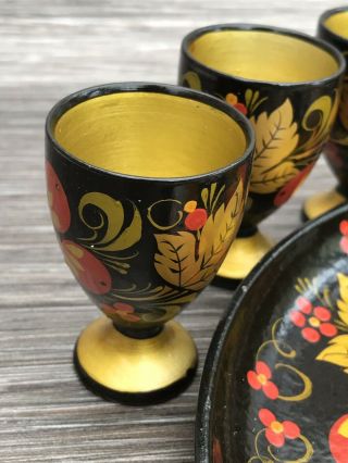 Lacquered Hand Painted Vintage Egg Cups x 6 & Tray - Papier Mache 5