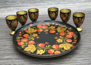 Lacquered Hand Painted Vintage Egg Cups x 6 & Tray - Papier Mache 6