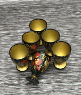 Lacquered Hand Painted Vintage Egg Cups x 6 & Tray - Papier Mache 7