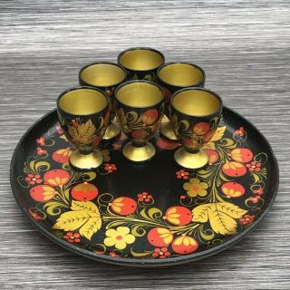 Lacquered Hand Painted Vintage Egg Cups x 6 & Tray - Papier Mache 8