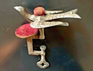 Antique Victorian Sewing Bird With Two Pin Cushions And C - Clamp Holder