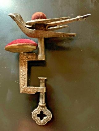 Antique Victorian Sewing Bird with Two Pin Cushions and C - Clamp Holder 4