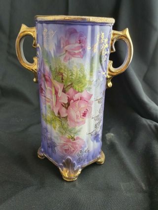 Antique English Pottery Mantle Vase Roses Purple Gold Scene 20cm