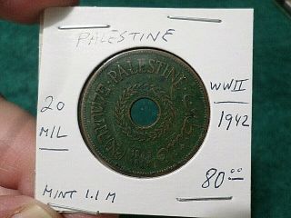 1942 Old Antique Palestine Coin,  20 Mil,  Pre - Israel,  Only 1.  1m Minted,  Wwii
