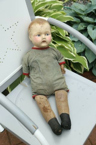 26 " Antique Vintage Uneeda Composite Boy Doll Painted Face Straw Stuffed Creepy
