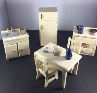Vintage Wooden Miniature Dollhouse Kitchen Table Chairs Stove Refrigerator Sink