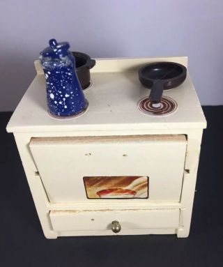 Vintage Wooden Miniature Dollhouse Kitchen Table Chairs Stove Refrigerator Sink 5