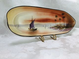 Nippon Tray Antique Hand Painted Oblong Dish Sail Boats In The Sunset Orange