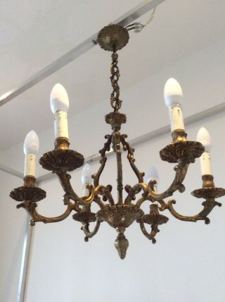 Lovely Huge Heavy Vintage 6 - Arm French Baroque Bronze Cage Chandelier,  C1920/30s