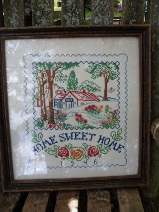 Antique 1946 Folk Art House Cottage Cross - Stitch Needlepoint Sampler Embroidery