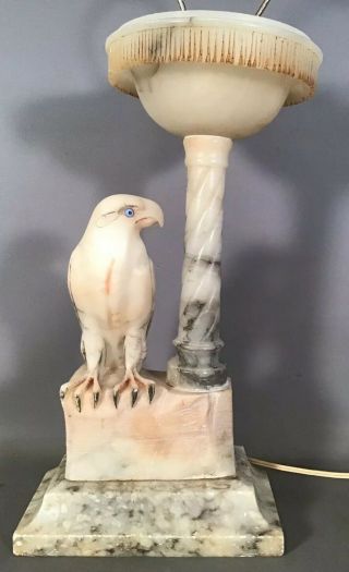 Antique Art Deco Era Carved Alabaster Figural Bird Falcon Statue Lamp