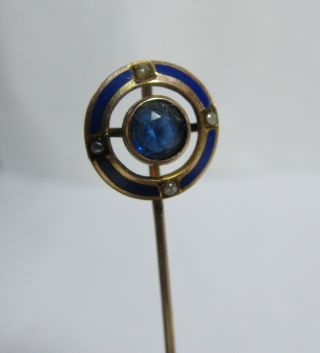 Antique 10k Solid Gold Enamel Stick Pin With Natural Sapphire And Pearls