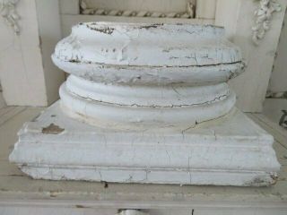 Wow Old Architectural Wood Base Pedestal Display From Column White 5 1/2 " Tall