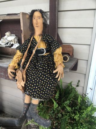 Primitive Folk Art Large Witch Doll With Sunflower Bag Halloween Fall 26 " Tall