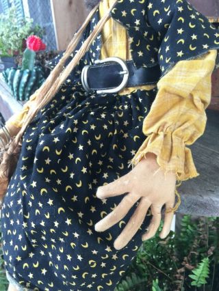 Primitive Folk ARt Large Witch doll with Sunflower Bag Halloween Fall 26 