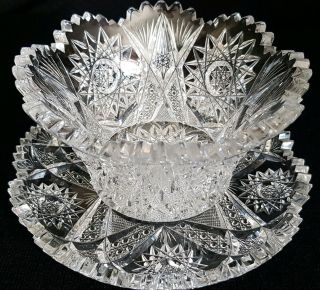 Antique Abp Cut Glass Crystal Mayonaise Bowl W/matching Underplate Abp Antique