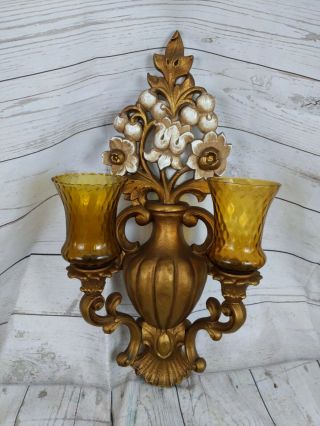 Vintage Homco Double Candle Floral Wall Candle Holder Sconce 19 " All