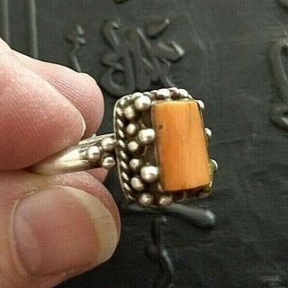 Vintage Or Antique Tibet Or Nepal Coral And Silver Ring Size 9