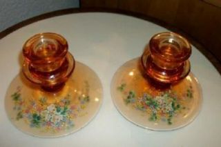 Depression Glass Hp Roses Candle Holders Amber Pink Chic Shabby Cottage Stunning