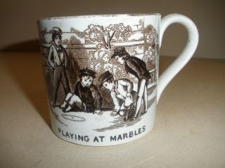 Antique 1800`s Staffordshire Transfer Child Cup Playing Marbles Blind Man`s Buff