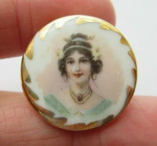 Very Pretty Antique Vtg Porcelain Stud Button Ladies Head Portrait 1 " (n)