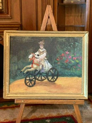 Vintage Artisan Miniature Dollhouse Oil Painting Victorian Girl Horse Tricycle