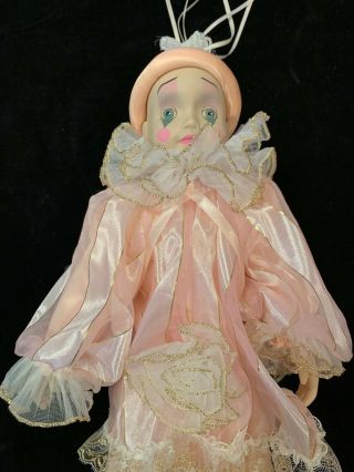 Vintage Doll Porcelain 21 " Pierrot Clown - White & Pink Jester