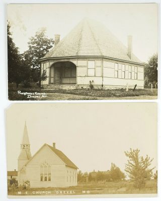 2 Drexel,  Missouri Mo 1910 Era Antique Real Photo Post Cards Rppc Of Churches
