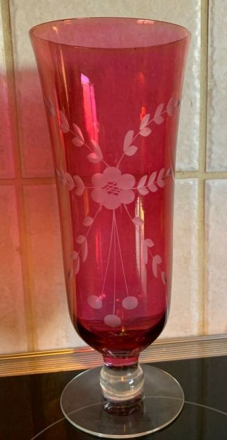 Vintage Antique Bohemian Cranberry Red Glass Cut To Clear Floral Etch Vase 10 "