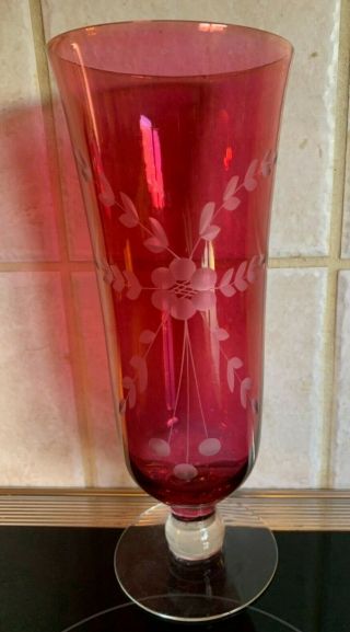 Vintage Antique Bohemian Cranberry Red Glass Cut to Clear Floral Etch Vase 10 