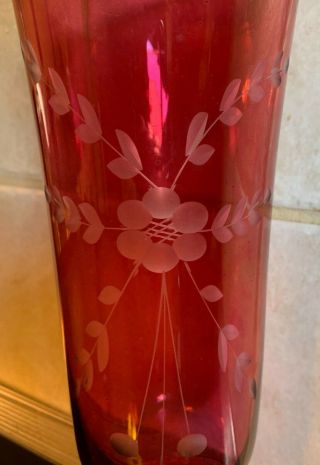 Vintage Antique Bohemian Cranberry Red Glass Cut to Clear Floral Etch Vase 10 