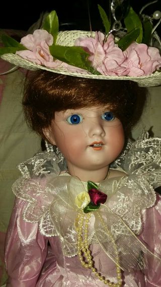 Antique 20 - Inch Am 390 Doll In Gorgeous Bright Pink Gown And Dashing Bonnet