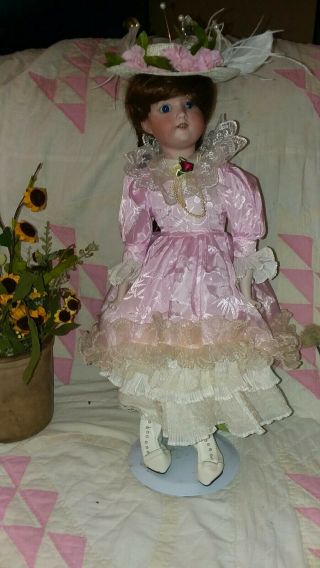 Antique 20 - Inch AM 390 Doll in Gorgeous BRIGHT Pink Gown And Dashing Bonnet 2