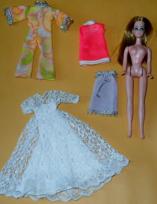 Vintage Mattel Dawn Doll And Mod Clothes Outfits Wedding Dress Jumpsuit 1 Shoe