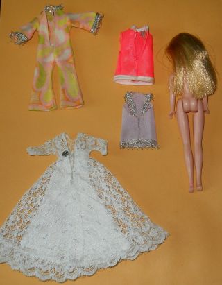 Vintage Mattel Dawn Doll and Mod Clothes Outfits Wedding Dress Jumpsuit 1 Shoe 2