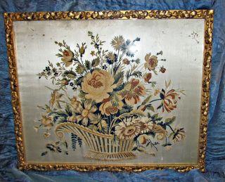 Antique Chenille Embroidery Sampler Basket Of Flowers On Silk Framed